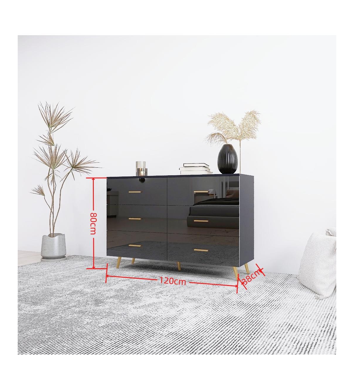 Flynama High Gloss 6-Drawer Storage Chest with Golden Handles and Metal Legs Home Bedroom Vanity Cabinet