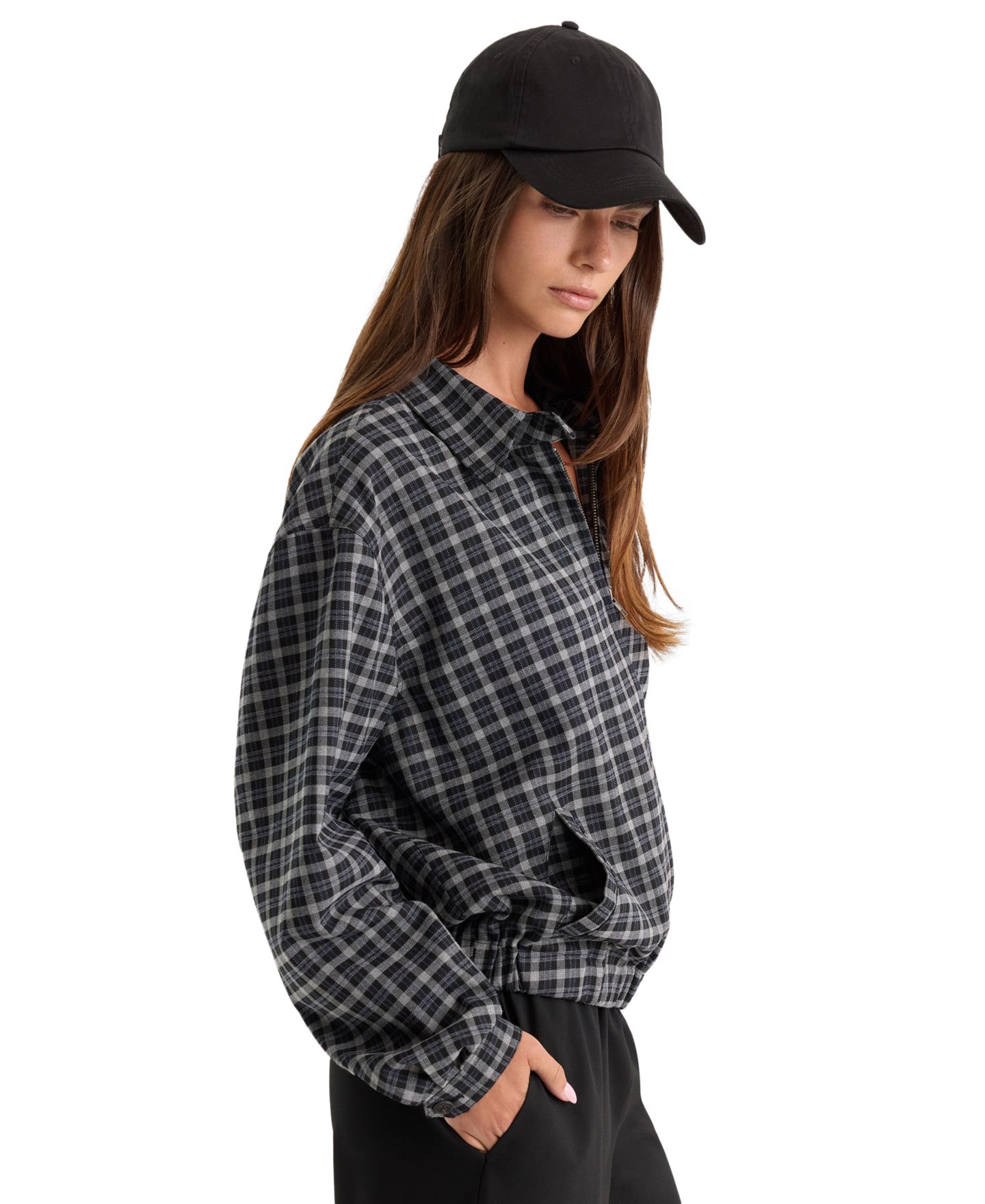 Женская куртка Good American Plaid Lightweight Bomber, цвет: Угольный клетчатый — фото 3