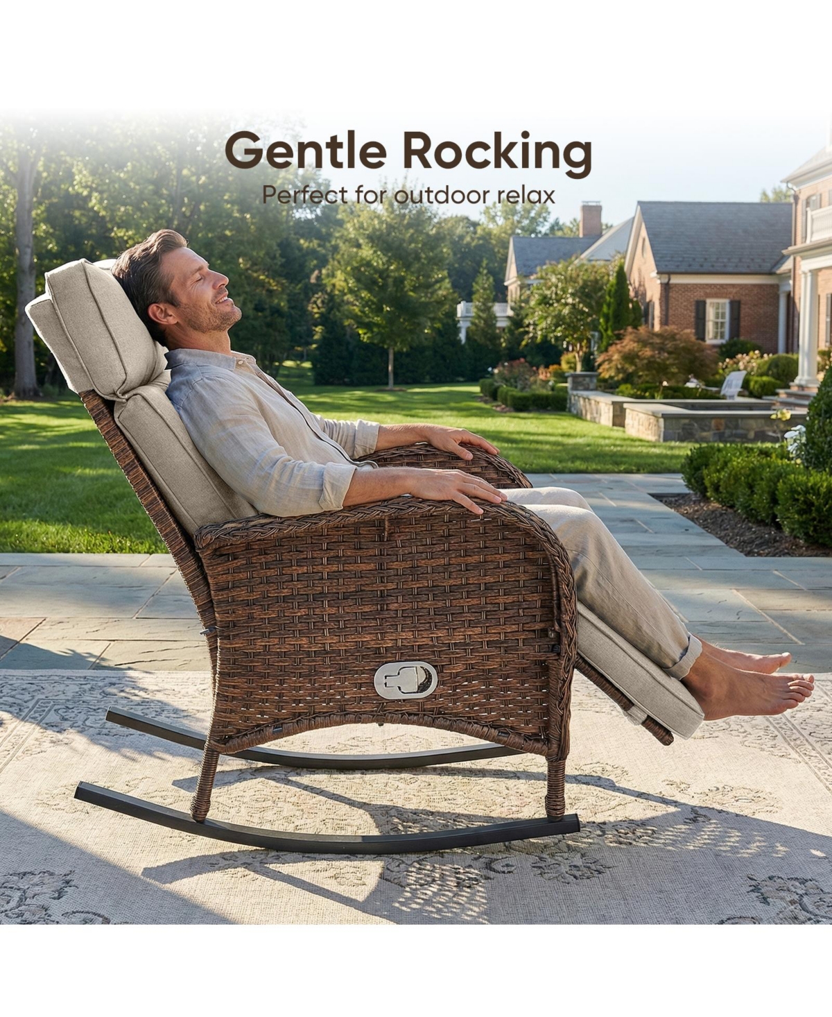 Pocassy Outdoor Recliner Chair for Patio, Wicker Reclining with Adjustable Backrest, Rattan Rocker Armchair Side Table
