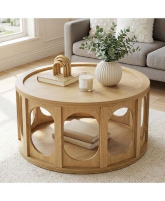 31.5" Modern Round Coffee Table with Open Storage Shelf, Wood Grain Center Table