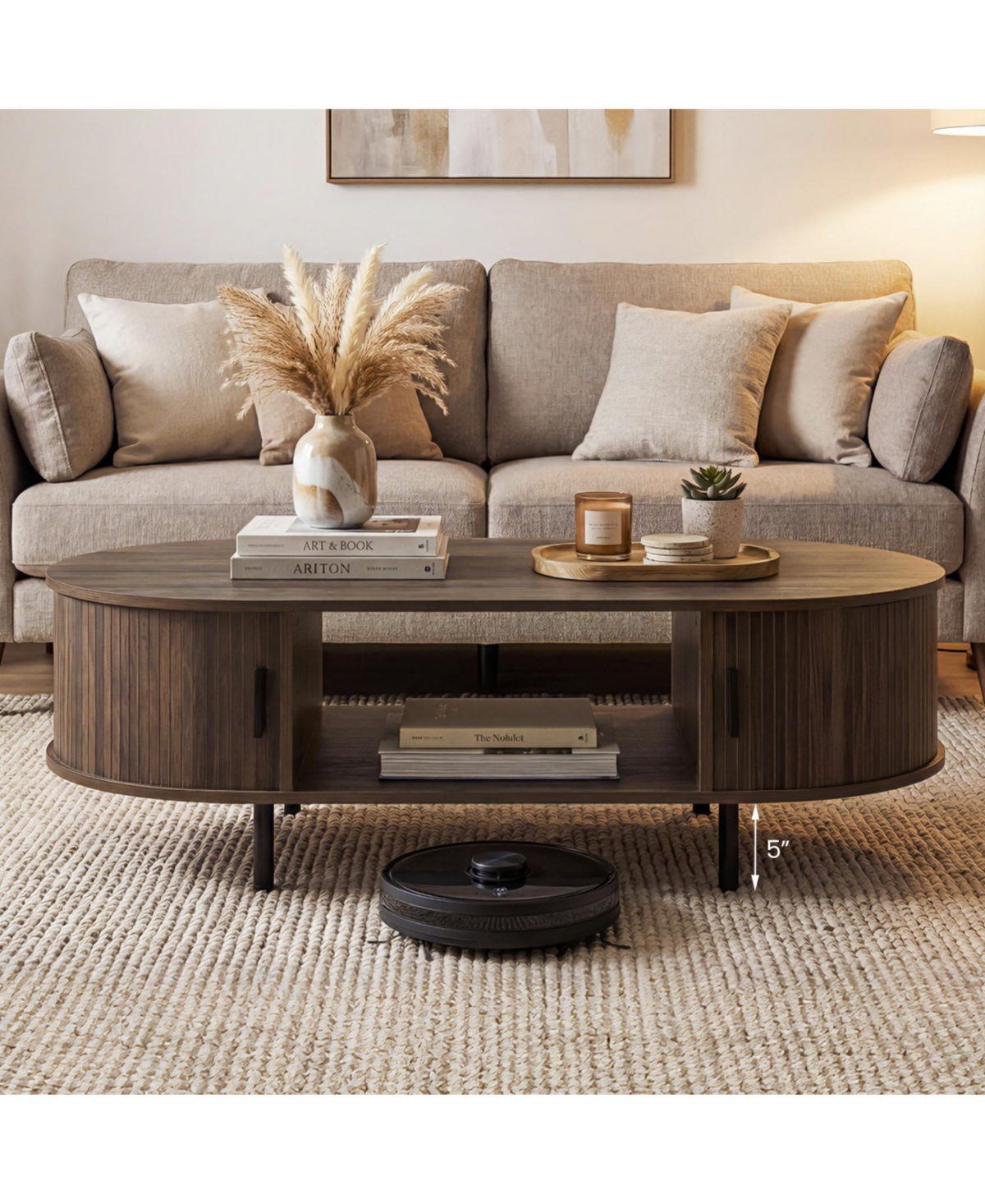 Slickblue Modern Wooden Oval Coffee Table with Storage Space for Living Area-Walnut