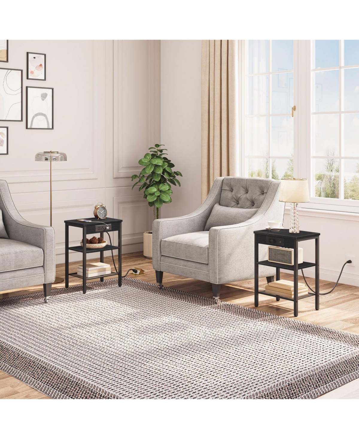 Slickblue Side Table with 3 Shelves and Built-In Charging Station for Bedroom