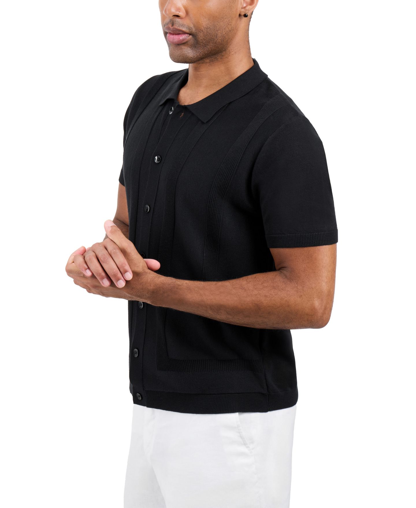 Мужской свитер SPRING + MERCER Classic Ribbed Texture Polo Sweater Shirt, цвет: Чёрный — фото 3
