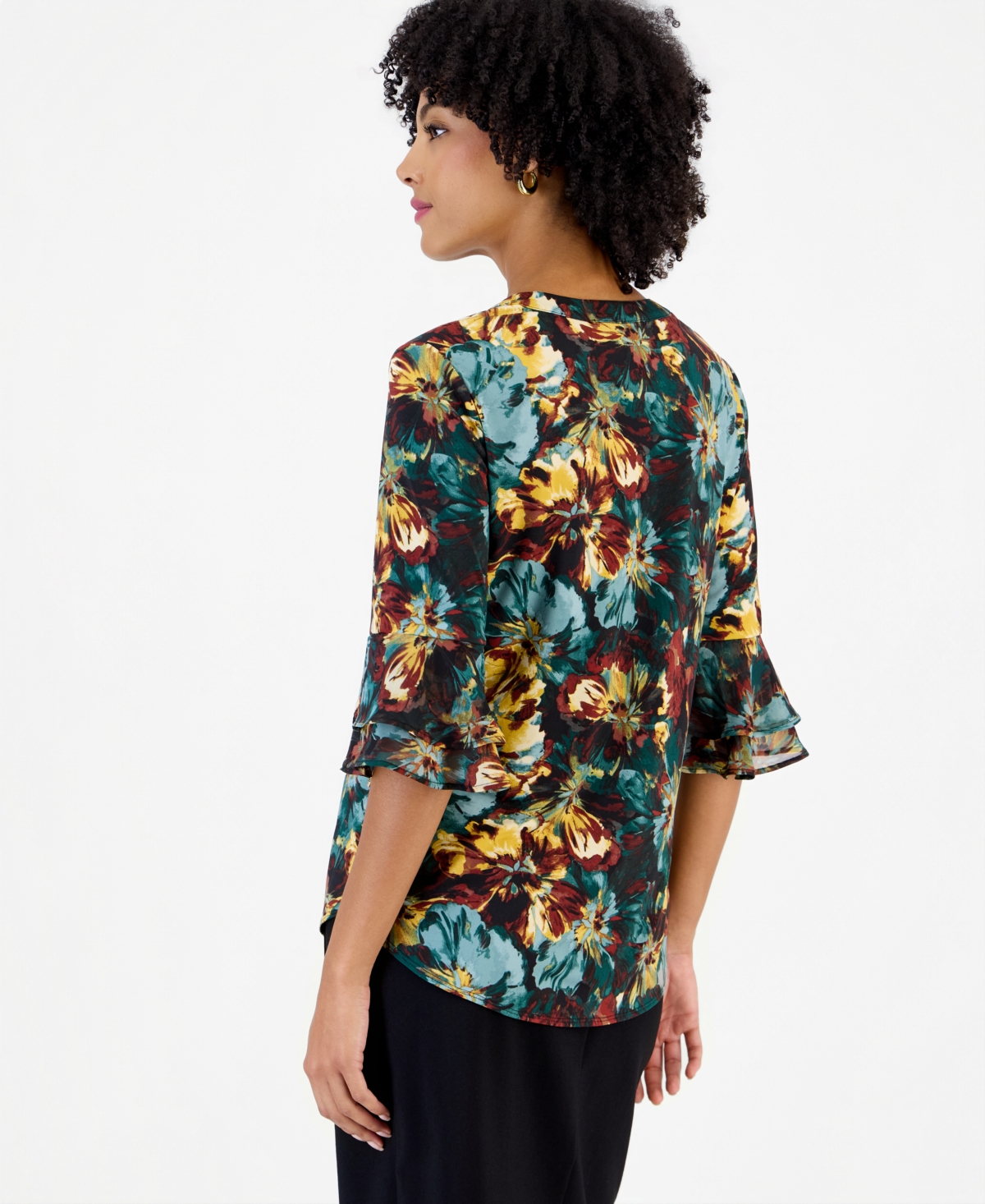Kasper Petite Split Neck Floral-Print 3/4-Length Flutter-Sleeve Tunic