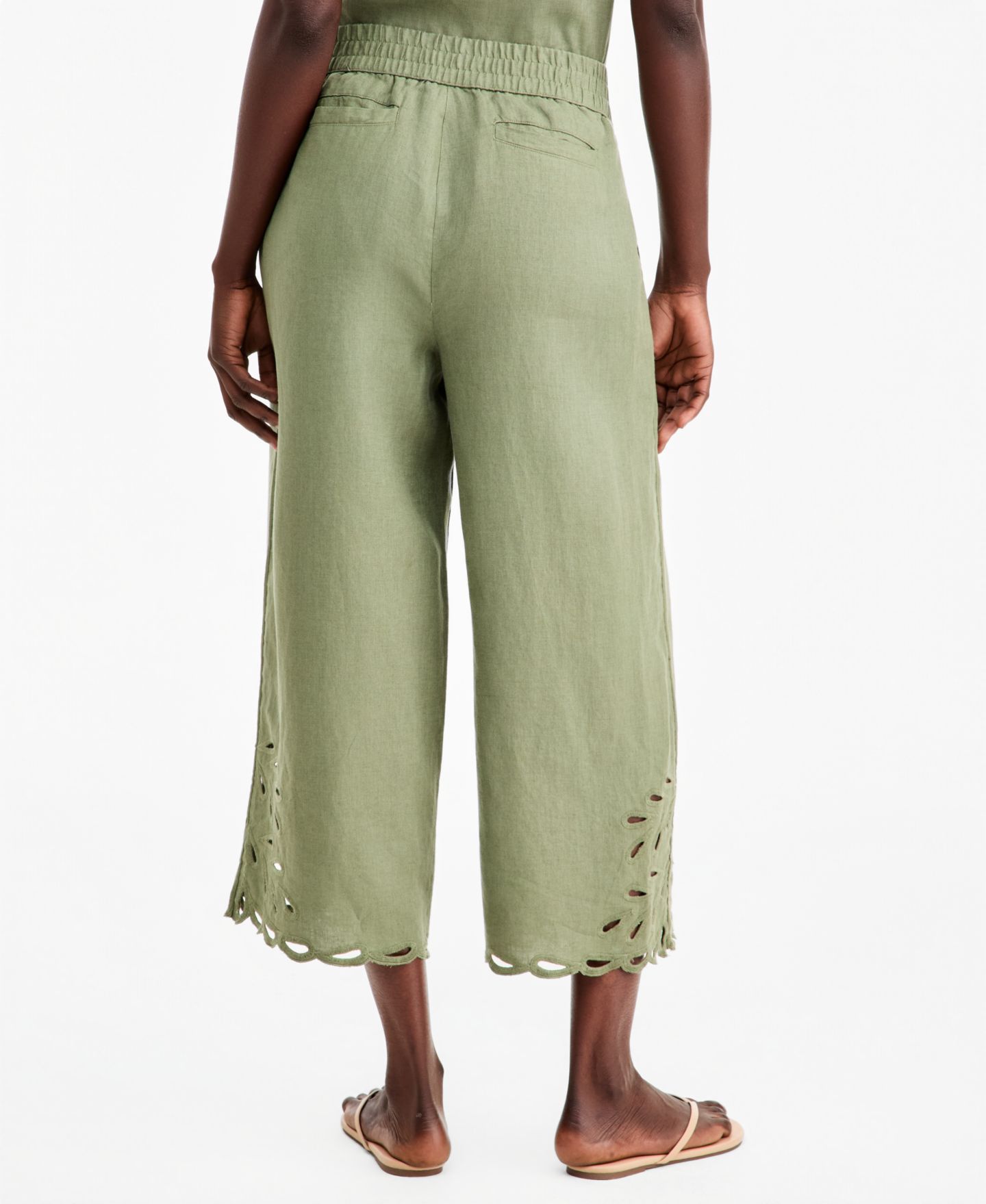 Женские брюки Charter Club Linen Eyelet-Hem Cropped Wide-Leg, цвет: Холодный оливковый — фото 4