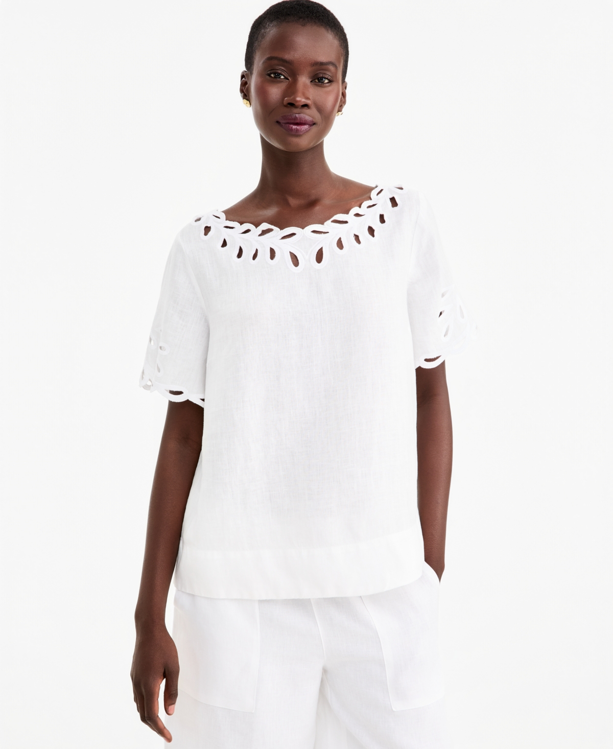 Charter Club Women's Boat Neck Short Sleeve Scalloped-edge Linen Blouse, Macy's Exclusive In Bright White