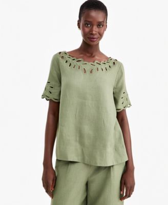 Women's Boat Neck Short Sleeve Scalloped-Edge Linen Blouse