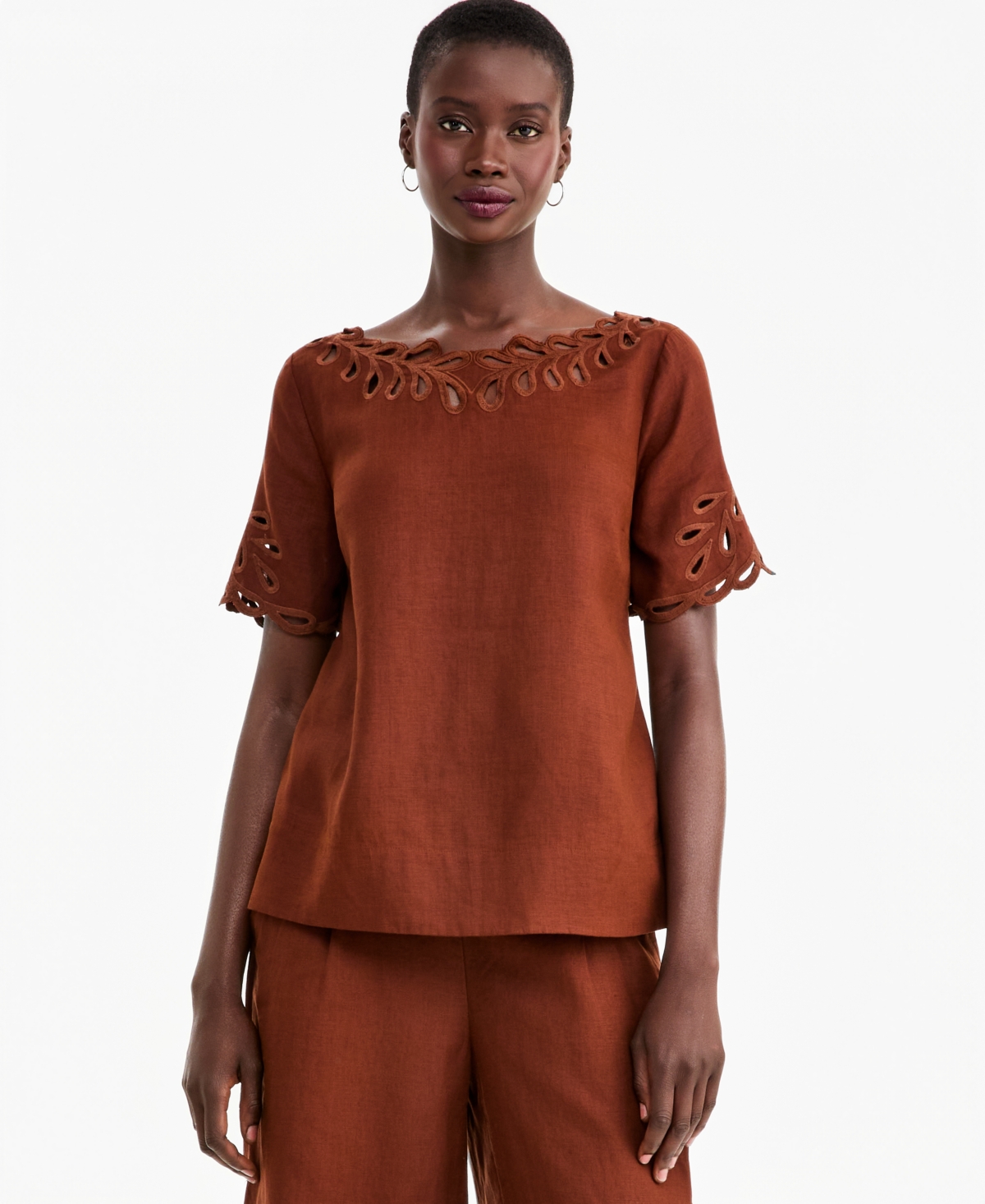 Charter Club Women's Boat Neck Short Sleeve Scalloped-edge Linen Blouse, Macy's Exclusive In Moroccan Brown