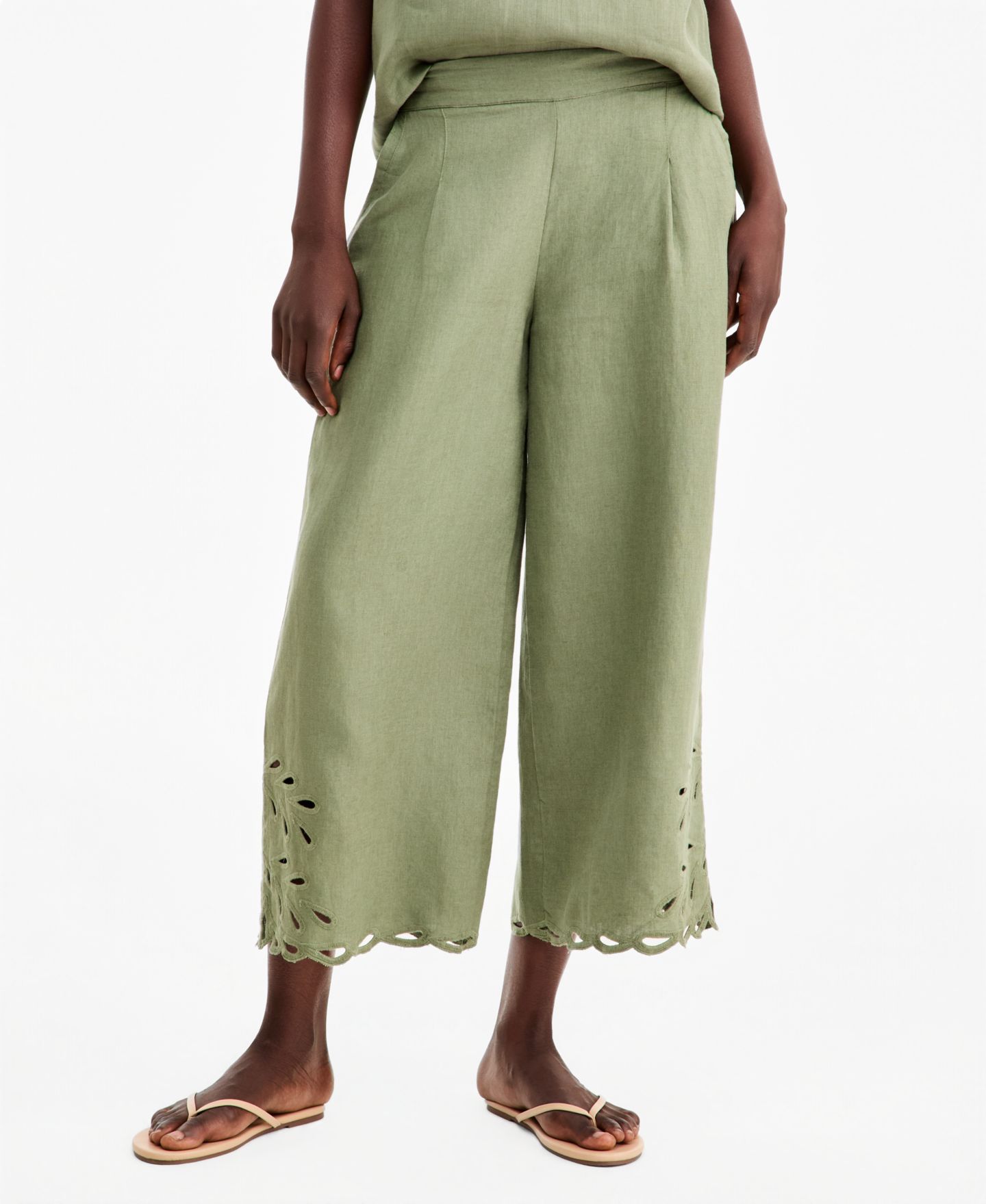 Женские брюки Charter Club Linen Eyelet-Hem Cropped Wide-Leg, цвет: Холодный оливковый — фото 3