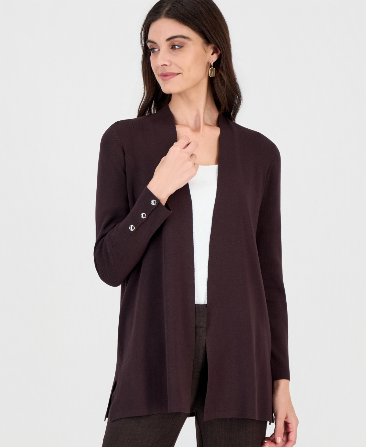Kasper Women's Long-sleeve Open-front Side-slit Cardigan In Rich Chocolate