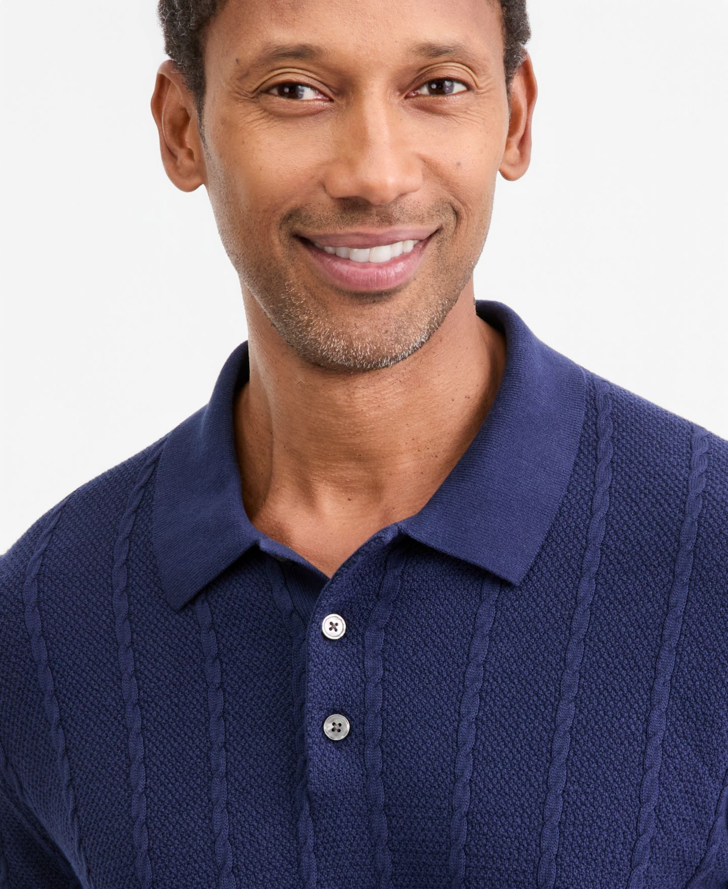 Мужской свитер Club Room Cable-Knit Polo Short-Sleeve Sweater, цвет: Тёмно-синий — фото 3