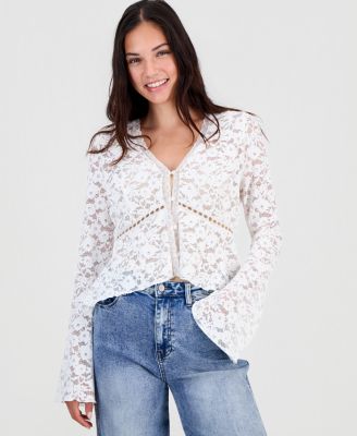 Women's Lace Bell-Sleeve Button-Front Top