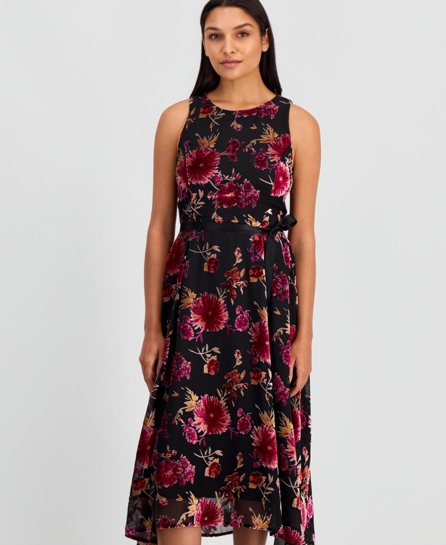 Женское платье Tahari ASL Burnout Sleeveless Tie-Waist High-Low-Hem, цвет: Чёрный разноцветный — фото 4