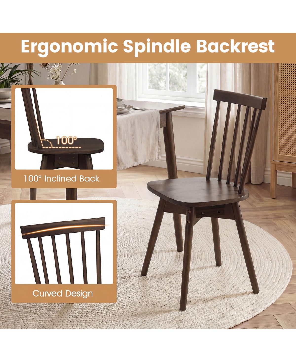 Gymax Dining Chairs Set of 2 Mid Century Rubber Wood Kitchen Swivel Seat Walnut