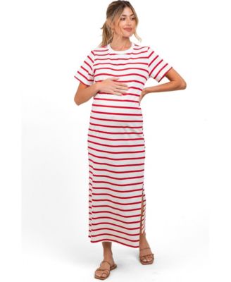 Women's Red Striped Side Slit Maxi Dress