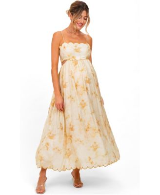 Women's Yellow Faded Floral Scallop Edge Cutout Midi Dress