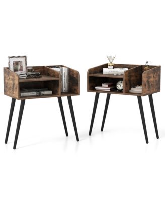 Set of 2 Mid Century Modern End Table with Open Shelves Metal Support Legs