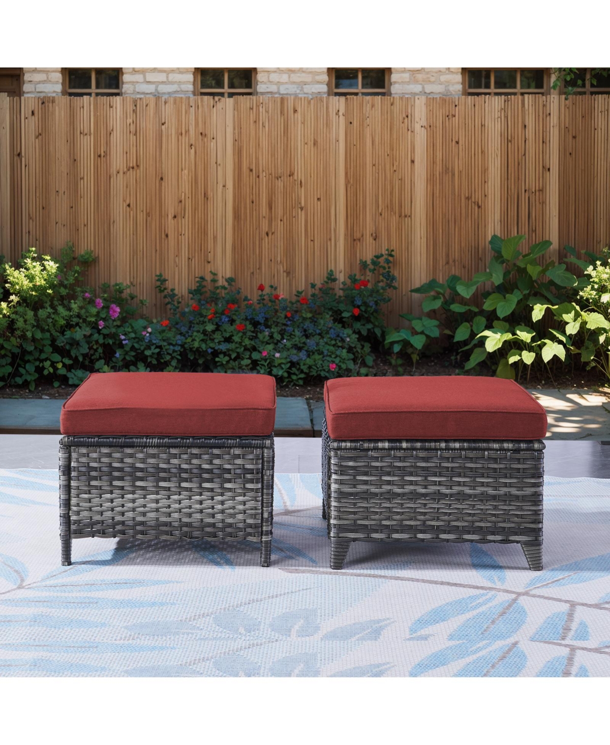 Pocassy 2 Pieces Outdoor Ottoman, All Weather Rattan Wicker Ottoman Seat, Patio Rattan Furniture, Outdoor Footstool Footrest Seat