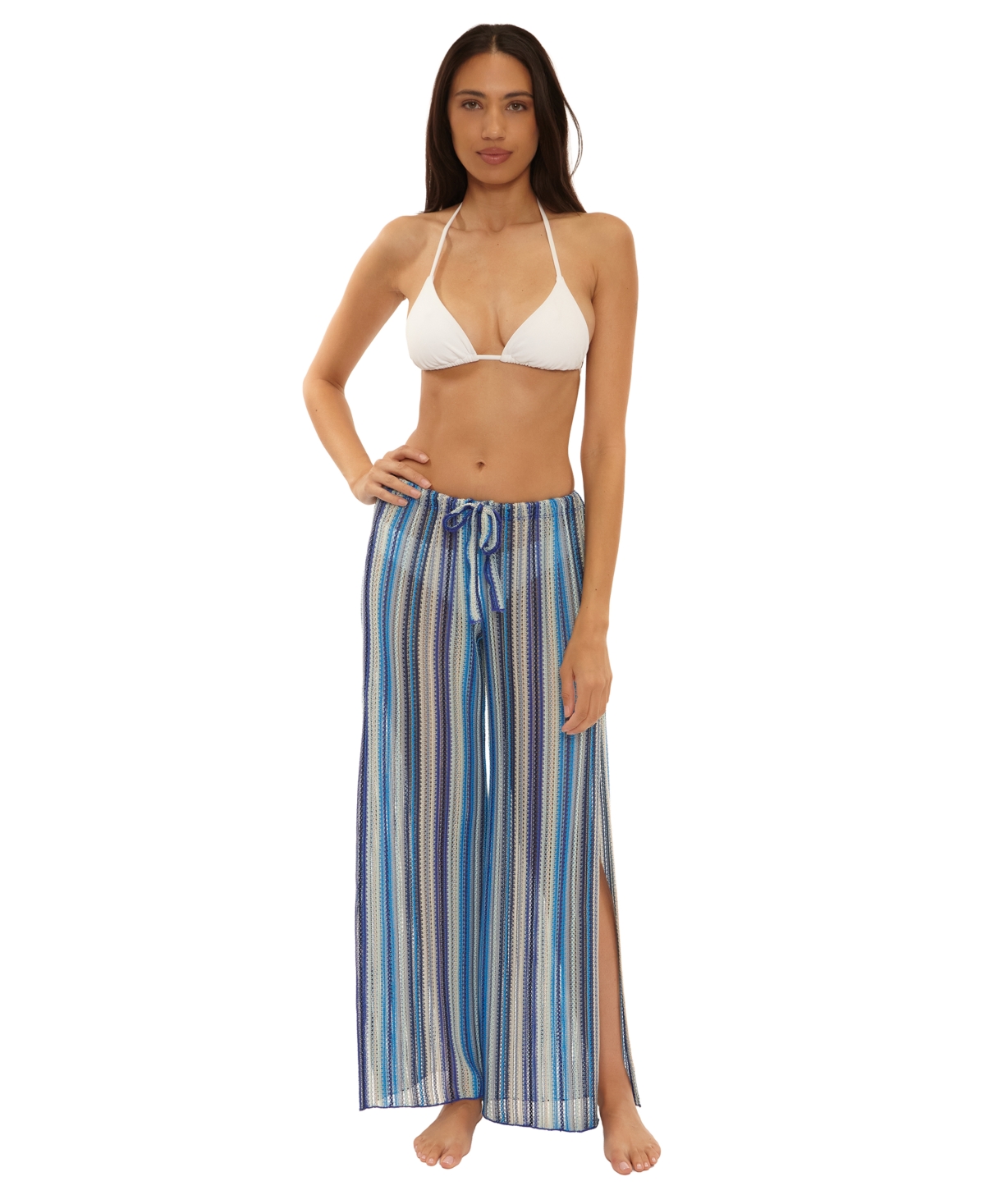 Becca Women's Seaside Stretch Crochet Split Leg Swim Cover-up Pants In True Blue,turquoise