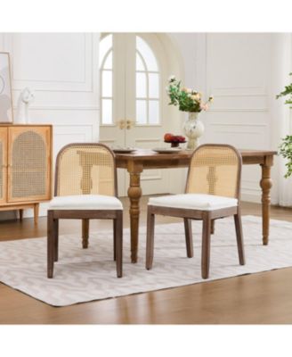 Curved Arched Cane Back Dining Chairs Set of 2, Chenille Cushion, Solid Wood Frame, for Living Room Dining Room