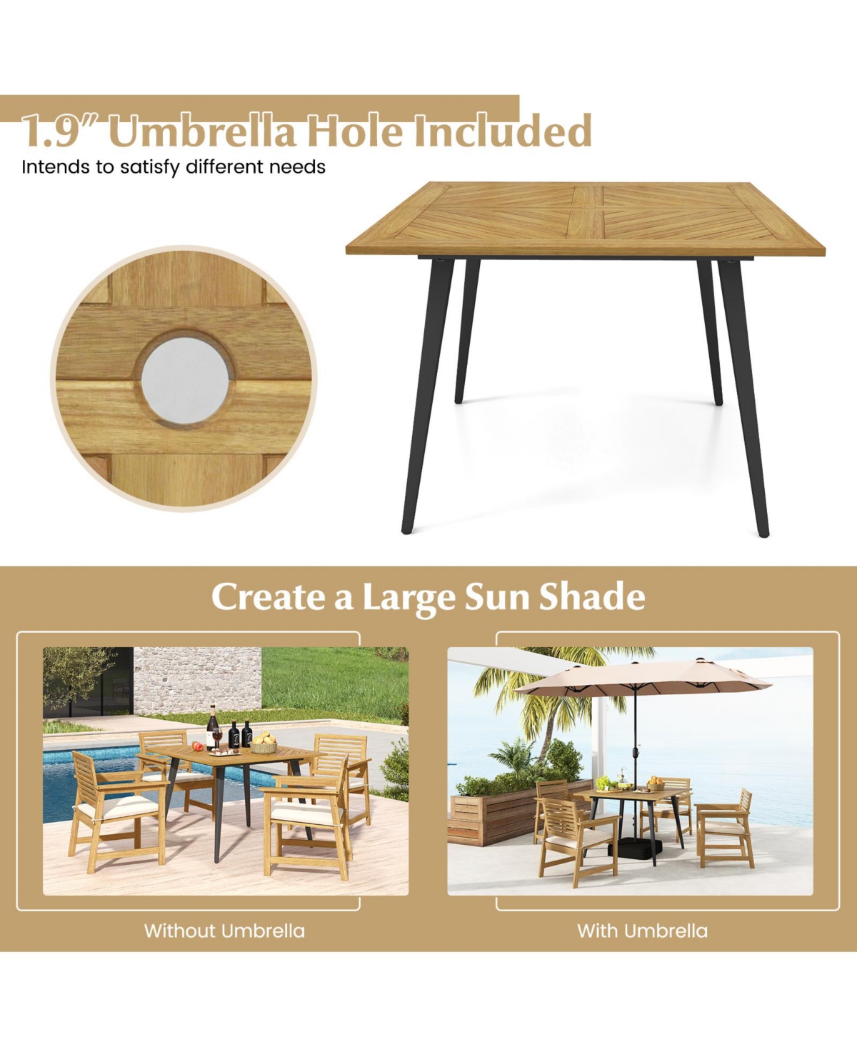 Gymax 42.5'' Outdoor Dining Table with 1.9'' Umbrella Hole Adjustable Foot Pads