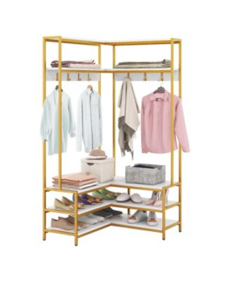 Corner Entryway Rack with 7 Hooks Open Shelves and Shoe Bench Seat