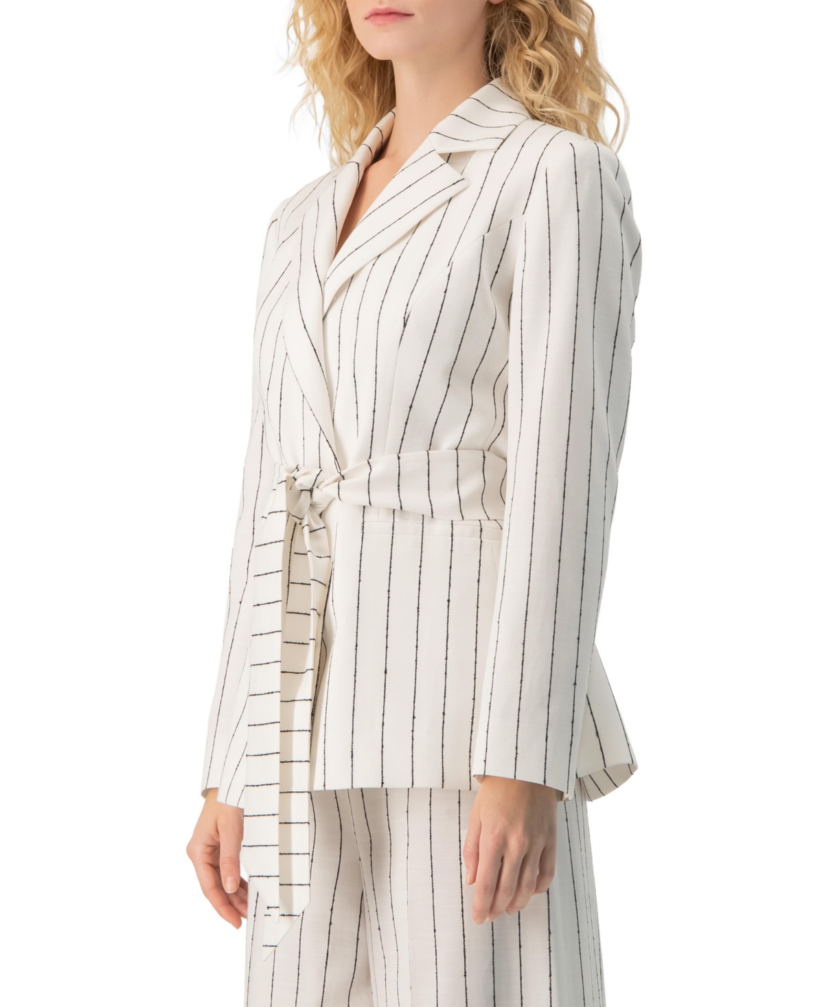 Ivonne Women's Pinstripe Self-Tie Belted Wrap Tailored Blazer