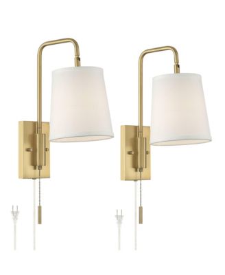 Luca Swing Arm Wall Lamps Set of 2 Warm Brass Metal Plug-in Light Fixture Fabric Shade for Bedroom Bedside Living Room Reading Home