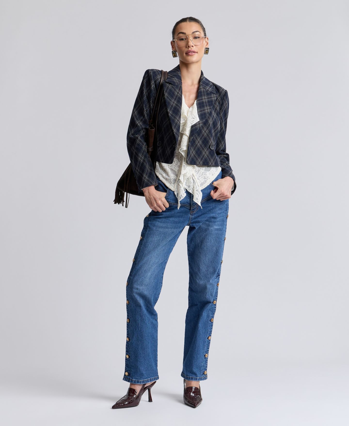 Женский пиджак Avec Les Filles Cropped Double-Breasted Blazer, цвет: Тёмно-синий клетчатый с ромбами — фото 6