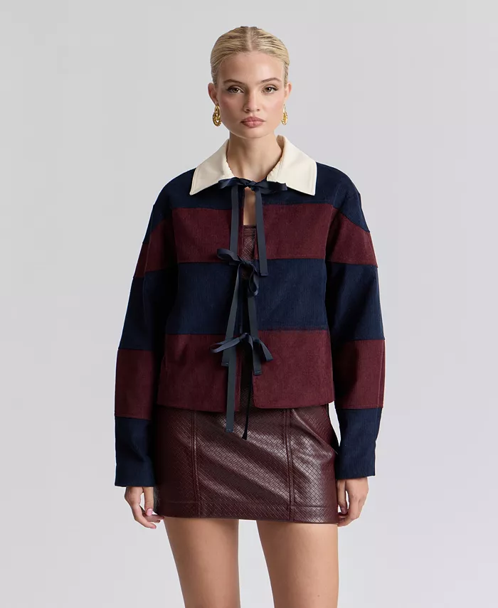 Women's Striped Rugby Front Tie Jacket - thumbnail 2