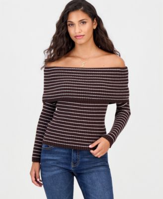 Juniors' Marilyn Off-the-Shoulder Ribbed Long-Sleeve Sweater