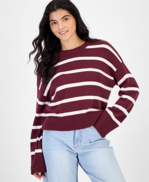 Женский свитер Hippie Rose Juniors' Striped Drop-Shoulder Crewneck Pullover, цвет: Бордовый