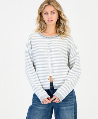 Juniors' Oversized Rollneck Striped Cardigan