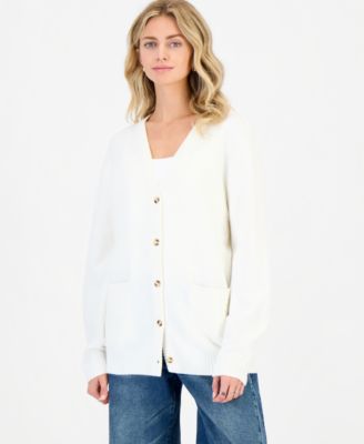 Juniors' V-Neck Boyfriend Button-Front Cardigan