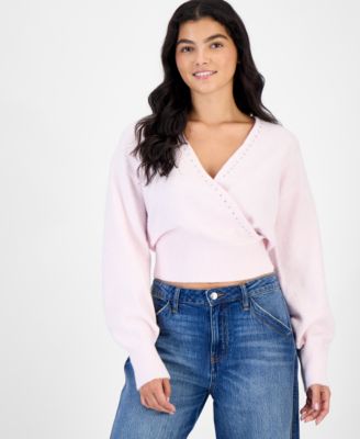 Juniors' Surplice Studded Pullover Sweater