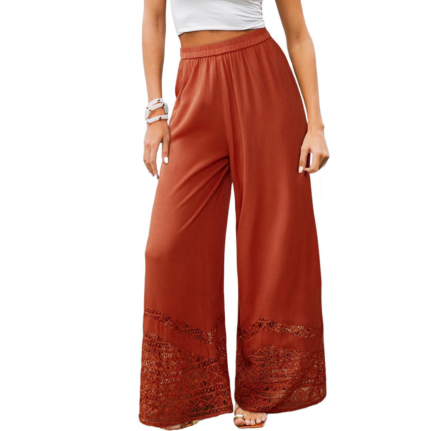 Женские брюки Cupshe Rust Elastic Waist Lace Trim Wide Leg, цвет: Коричневый — фото 2