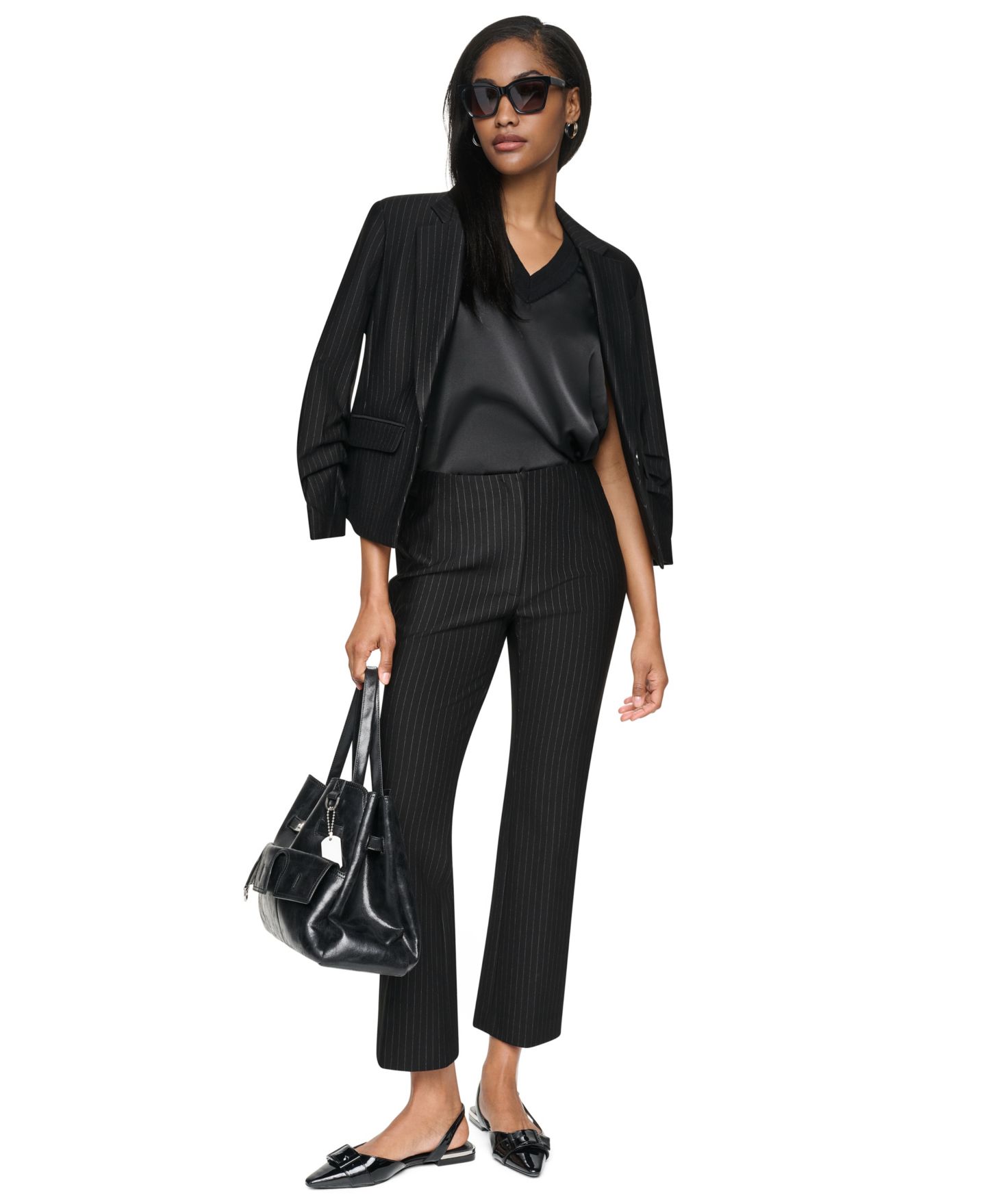 Женские брюки DKNY Petite Pinstripe Ponte High-Rise Front-Zip, цвет: Чёрный — фото 6