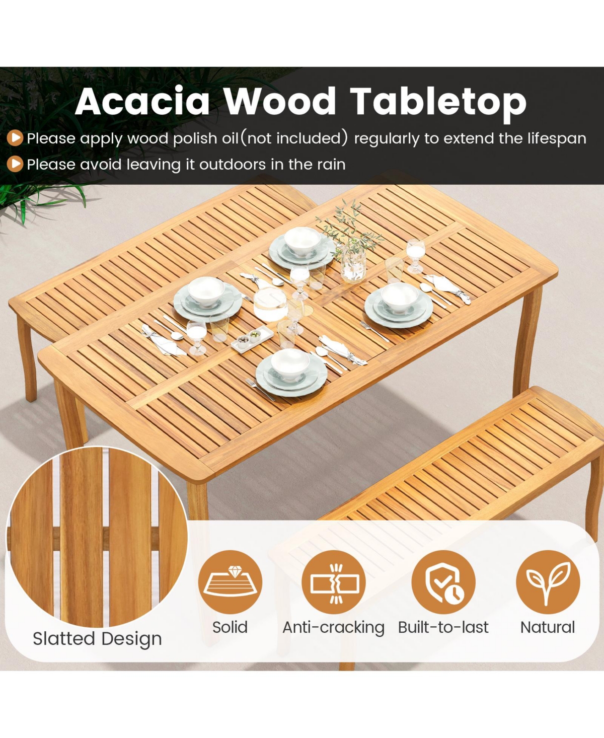 Gymax 63'' Outdoor Dining Table Umbrella Hole Slatted Tabletop for Backyard
