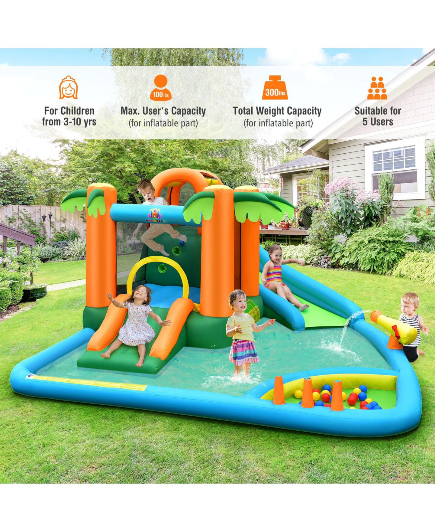 Детская игрушка Slickblue Backyard Inflatable Water Slide Bounce House with Safety Handrail, 300 lb. Capacity, 3–10 лет, цвет: Разноцветный — фото 5