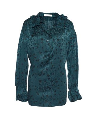 Women's Butterfly Jacquard Silk Ruffle Blouse