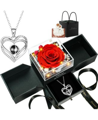 5-Piece Preserved Rose with LED Lights, Heart Necklace and Acrylic Box Gift Set