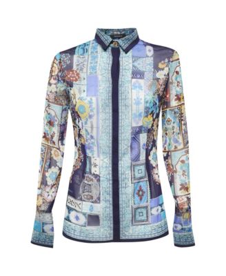 Women's Printed Silk Patchwork Button-Down Shirt