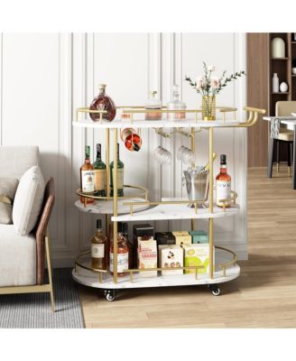 Elegant 4-Tier Gold Bar Cart with Wine Rack and Glass Holder Mobile Serving Cart on Wheels with Metal Storage Shelves for Dining, Living Room