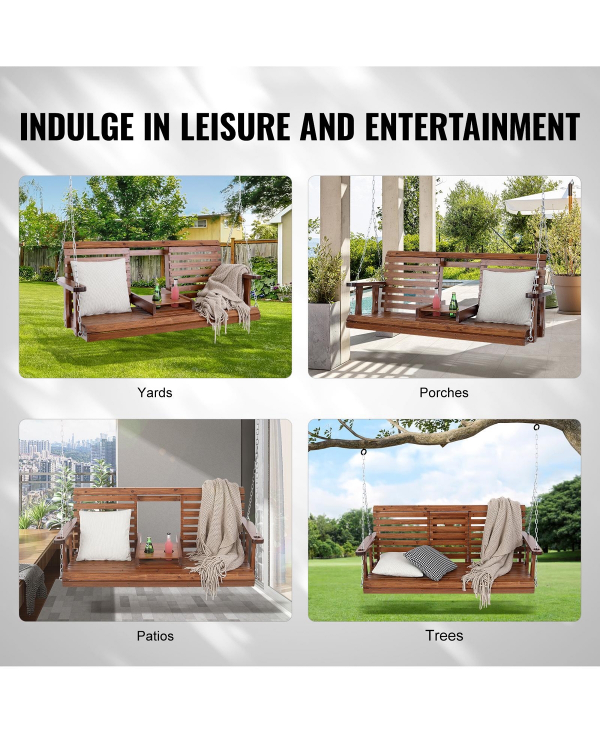 Vevor 60" Porch Swing Bench Wooden Hanging Outdoor Garden Patio Courtyard Brown