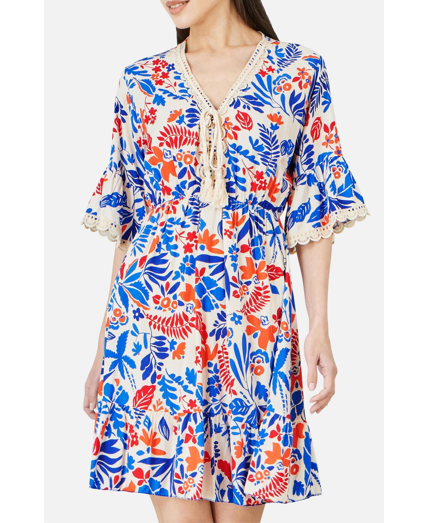 Женское платье Yumi Leaf Print Kimono Sleeve Tunic, цвет: Разноцветный — фото 6