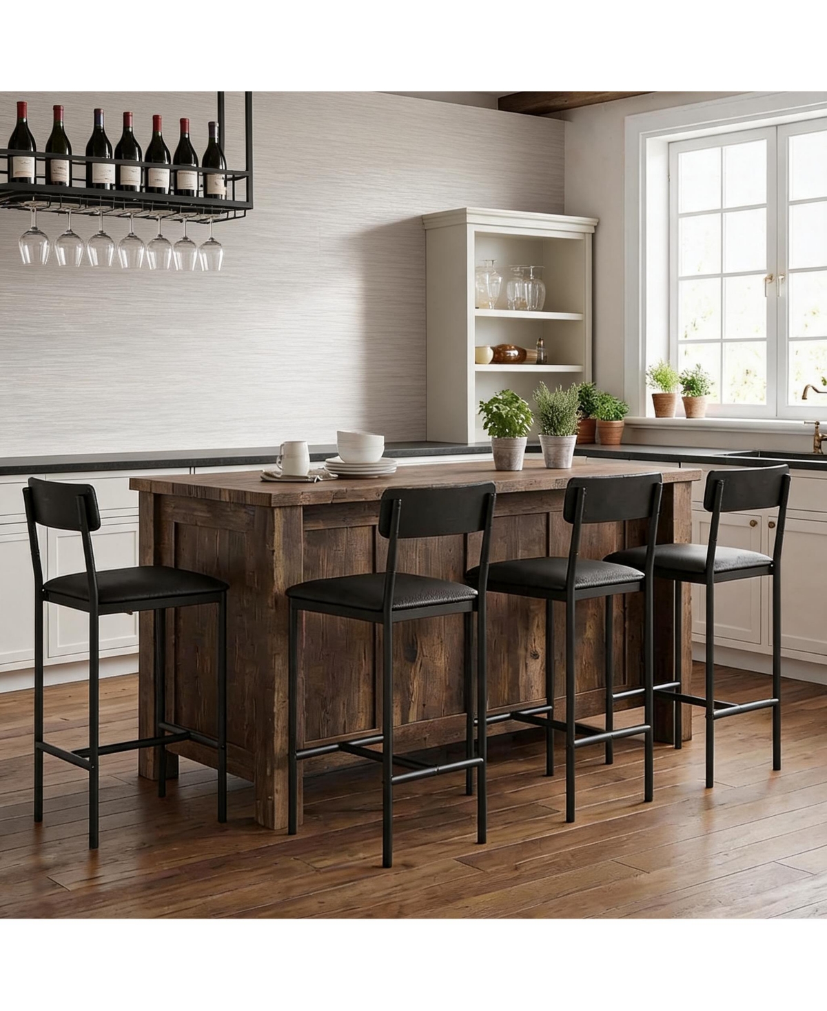 homfan Set of 6 24-Inch Bar Stools Counter Height Upholstered Dining Chairs with Backrest Metal Frame Kitchen Island Seating