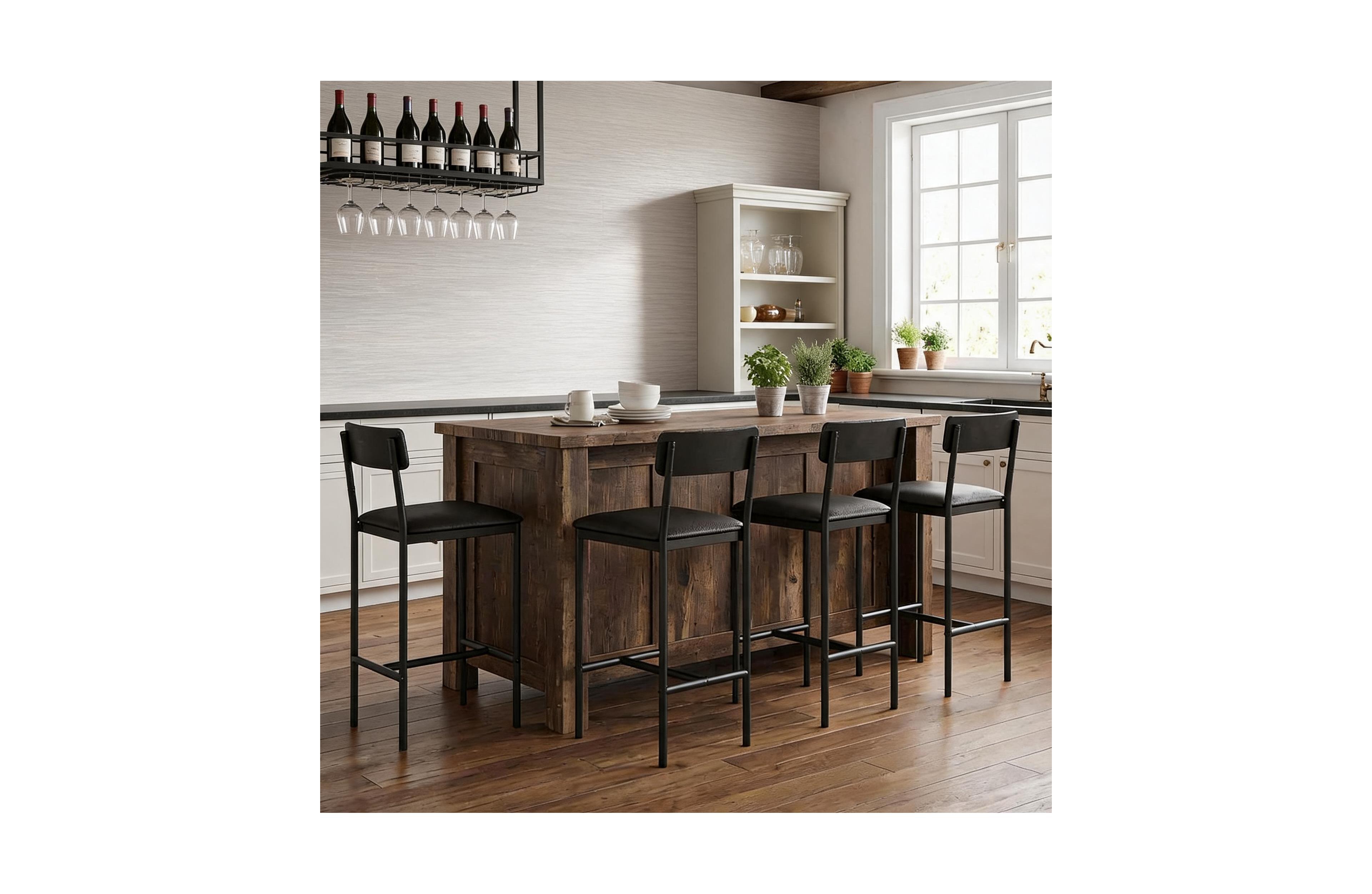 homfan Set of 6 24-Inch Bar Stools Counter Height Upholstered Dining Chairs with Backrest Metal Frame Kitchen Island Seating