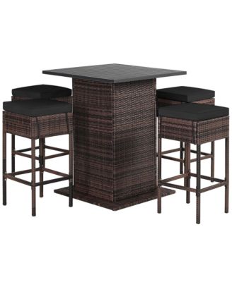 5 Piece Patio Rattan Bar Table Stool Set Hidden Storage Shelf Cushion Patio