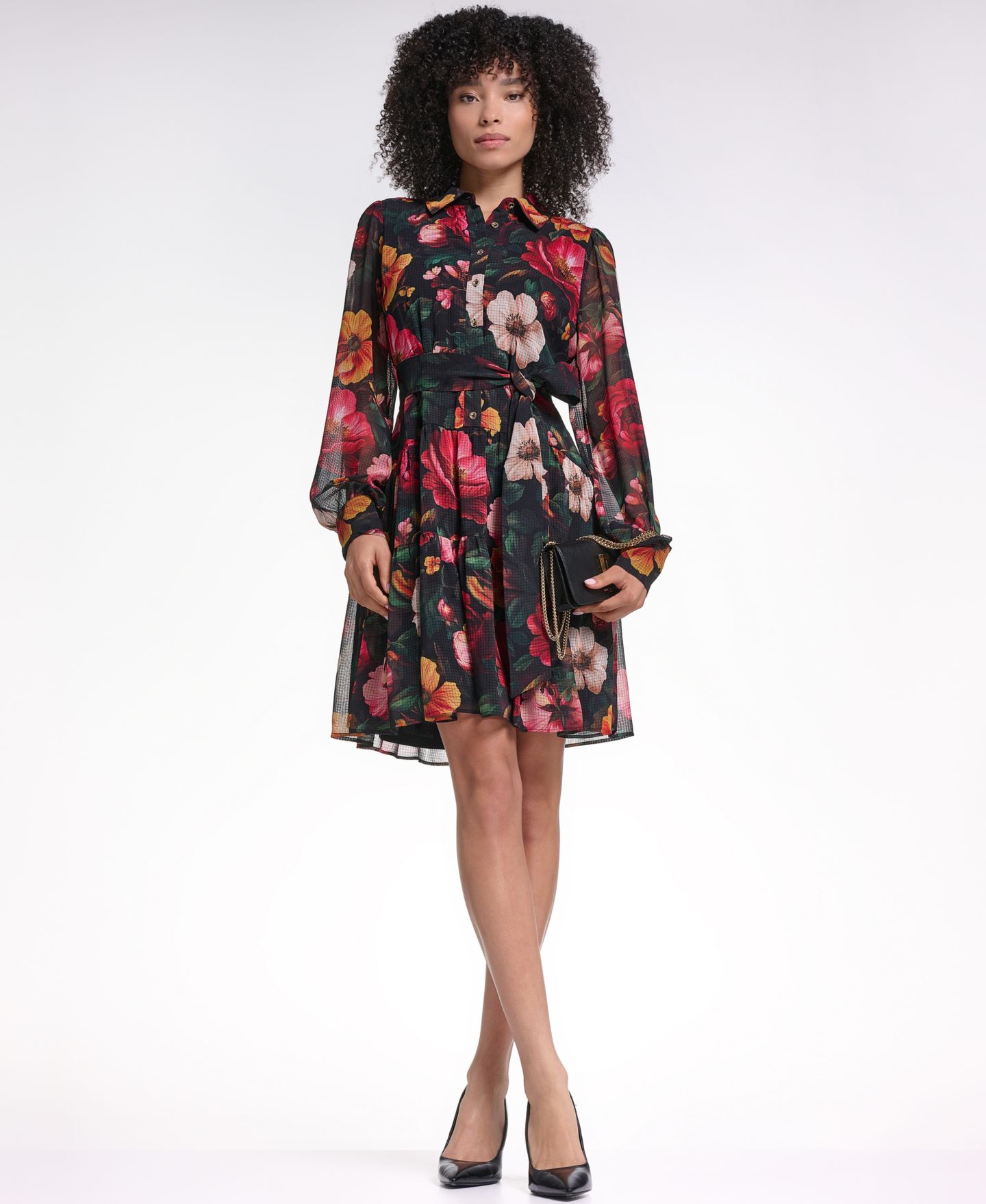 Женское платье KARL LAGERFELD PARIS Printed Grid Chiffon Shirtdress, цвет: Чёрный / Комбинированный — фото 6