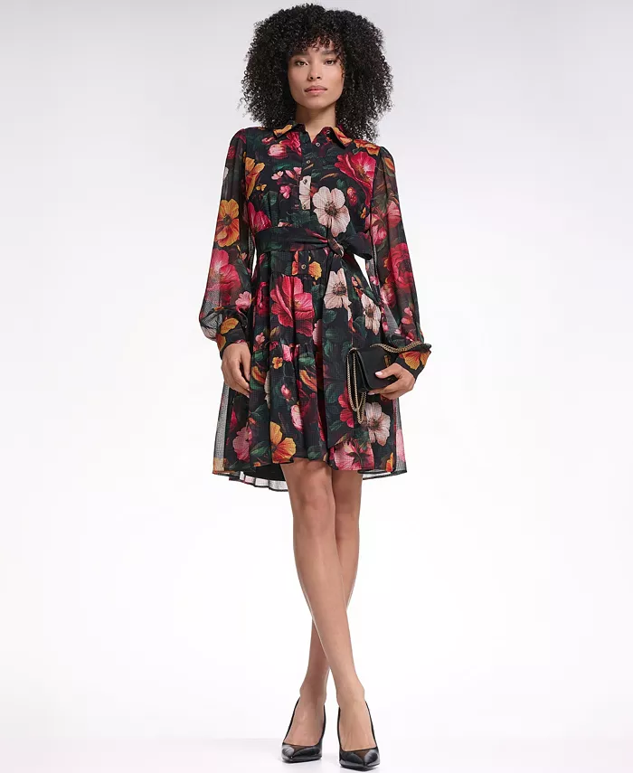 Women's Printed Grid Chiffon Shirtdress - thumbnail 6